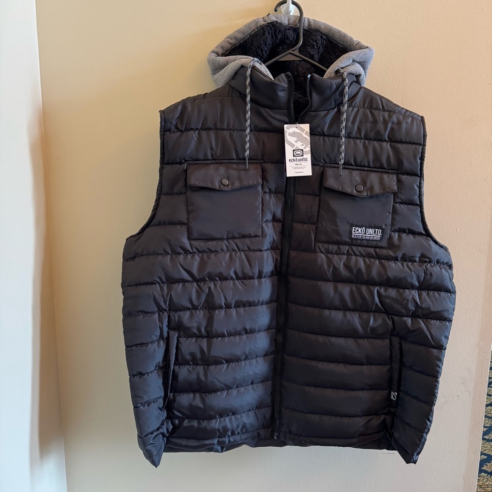 Ecko‎ Unltd Black Puffer Vest Hooded Full Zip Mens 2XL Streetwear NWT